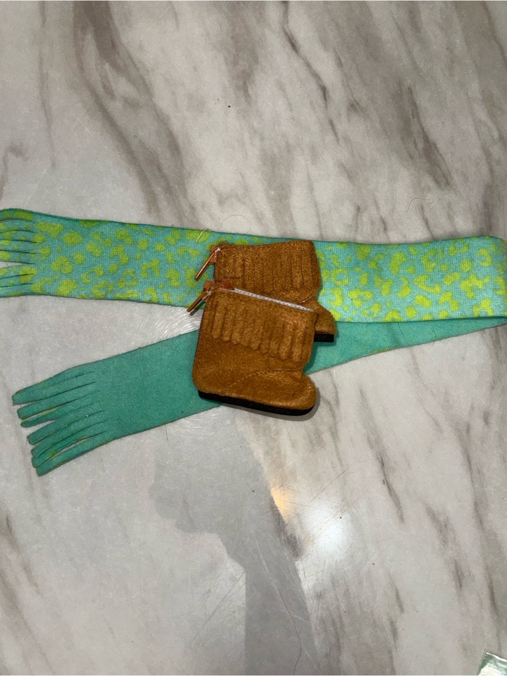 Brown faux suede fringe boots size 2.5” long and lime green scarf fitting small